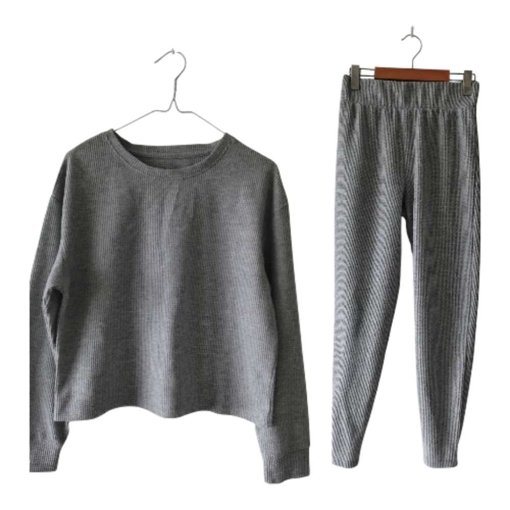 Bench Set Women's Waffle Knit Gray Crew Neck Sweater And Pants Size M